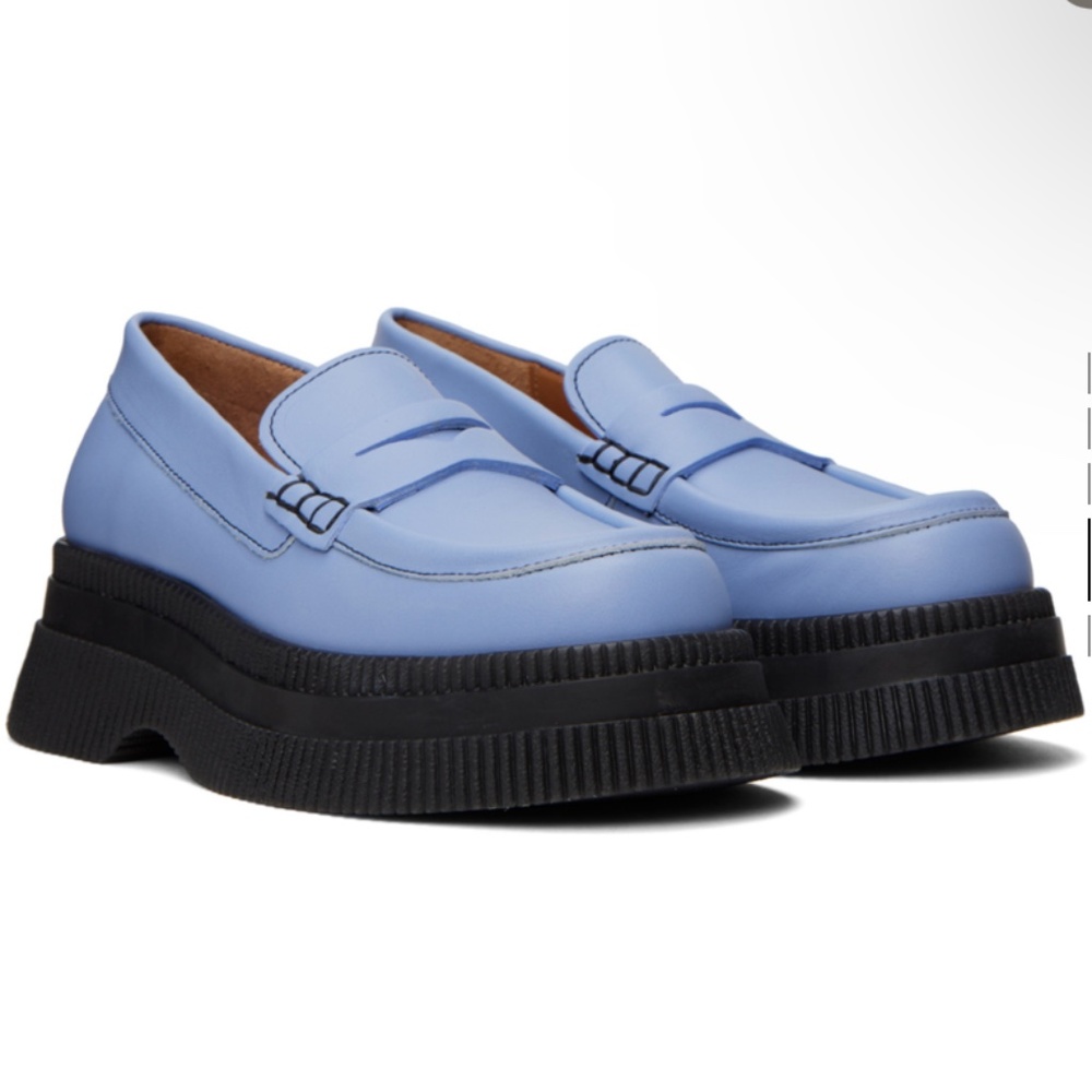 Ganni Periwinkle Leather Platform Loafers with Black Soles